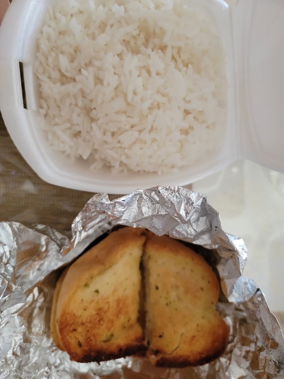 Steamed Rice and Garlic Bread